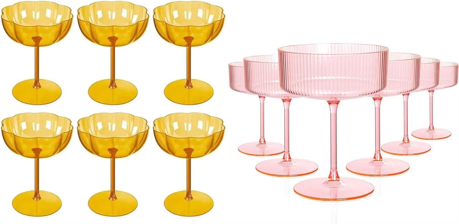 Ciaell 12PCS Pink Plastic Ribbed Martini Glasses - 12PCS Amber Plastic Martini Glasses for Party & Anniversary & Wedding