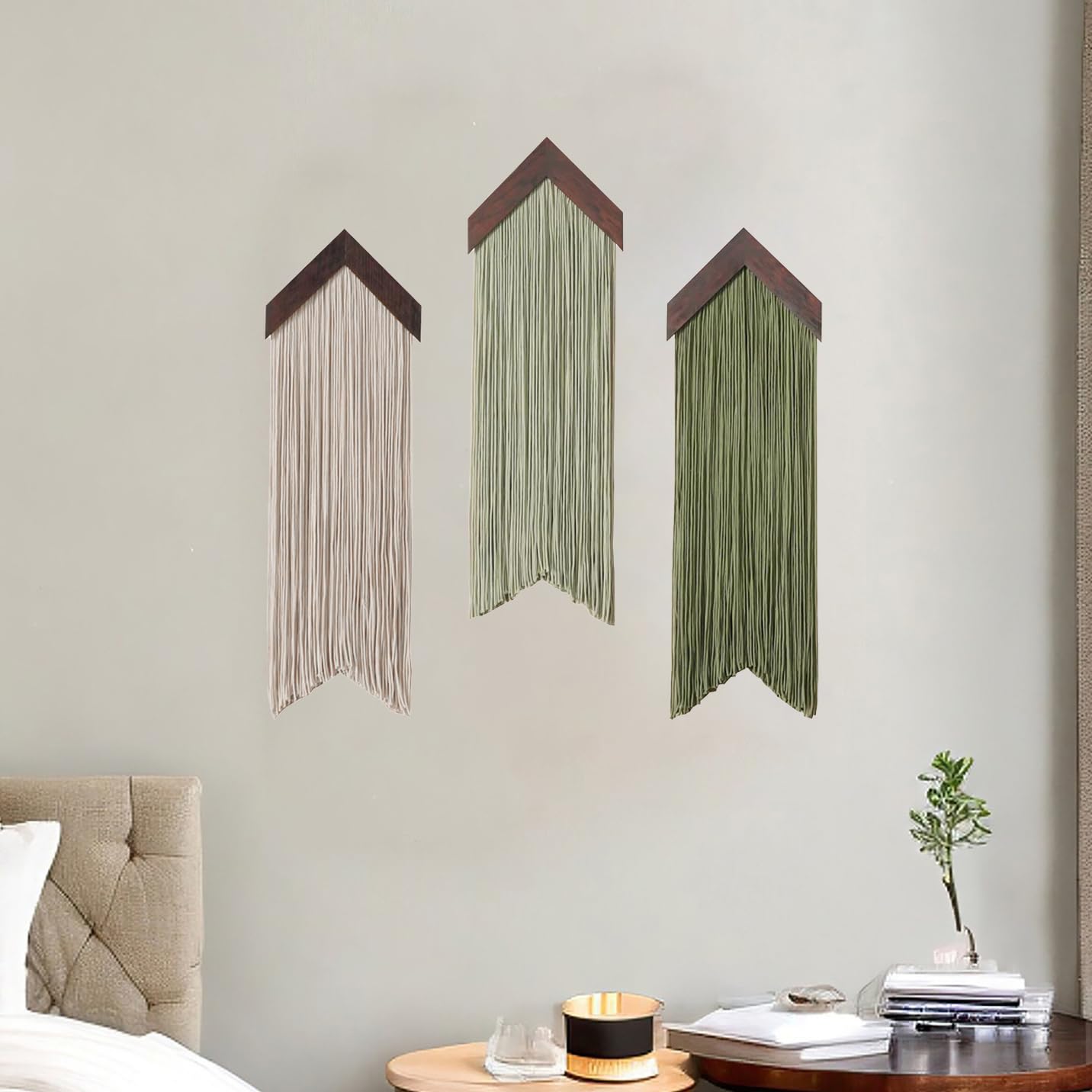Tapiz de macramé para colgar en la pared, para dormitorio y sala de estar, hecho a mano, teñido por inmersión, decoración de pared verde con hilo único, estilo tradicional para apartamento, decoración
