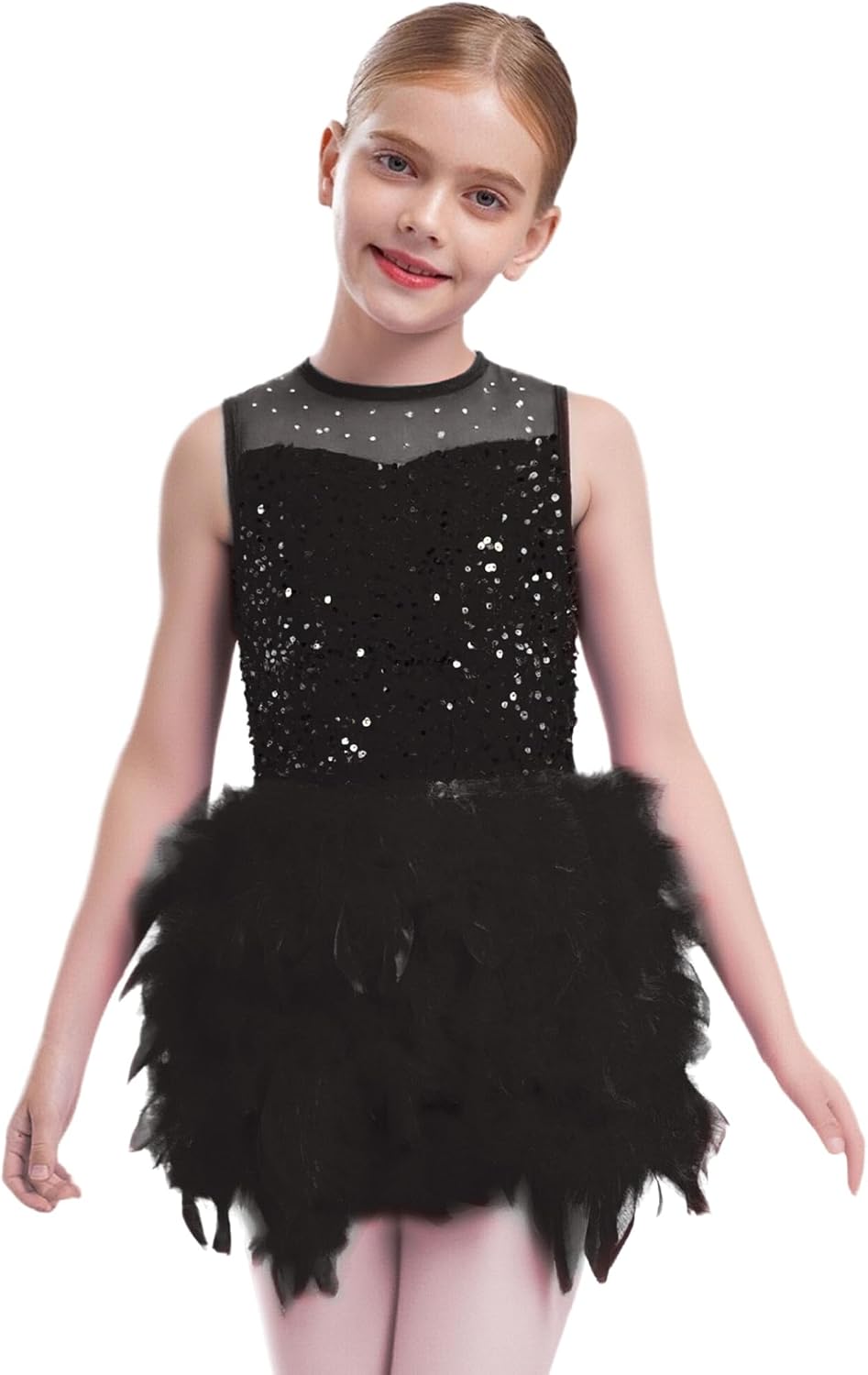 Linjinx Kids Girls Christmas Dance Dress Sleeveless Sequins Feather Velvet Figure Ice Skating Ballet Tutu Dress Dancewear