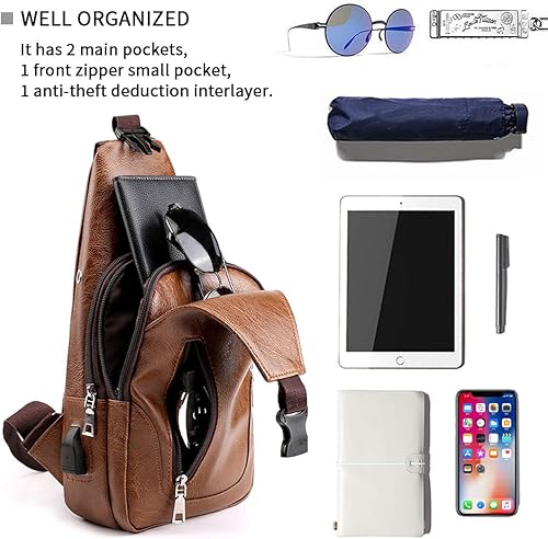 Miniatura 4 de Seoky Rop Bolso bandolera para hombre antirrobo mochila pequeña de cuero cruzada con puerto de carga USB Marrón talla única Clásico Negro, Marrón,
