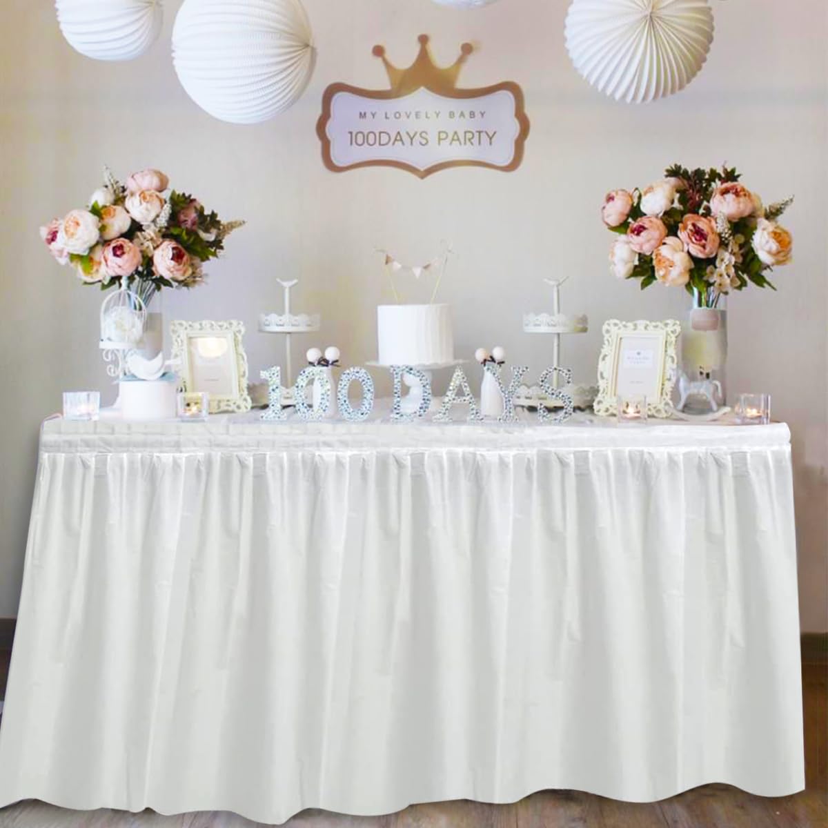 Disposable Table Skirt Set, White Exquisite Ruffle Table Skirt and Stain Proof Tablecloth, Rectangle Tablecloth Set for Wedding Baby Shower Valentine Easter Party Gender Reveal Decor