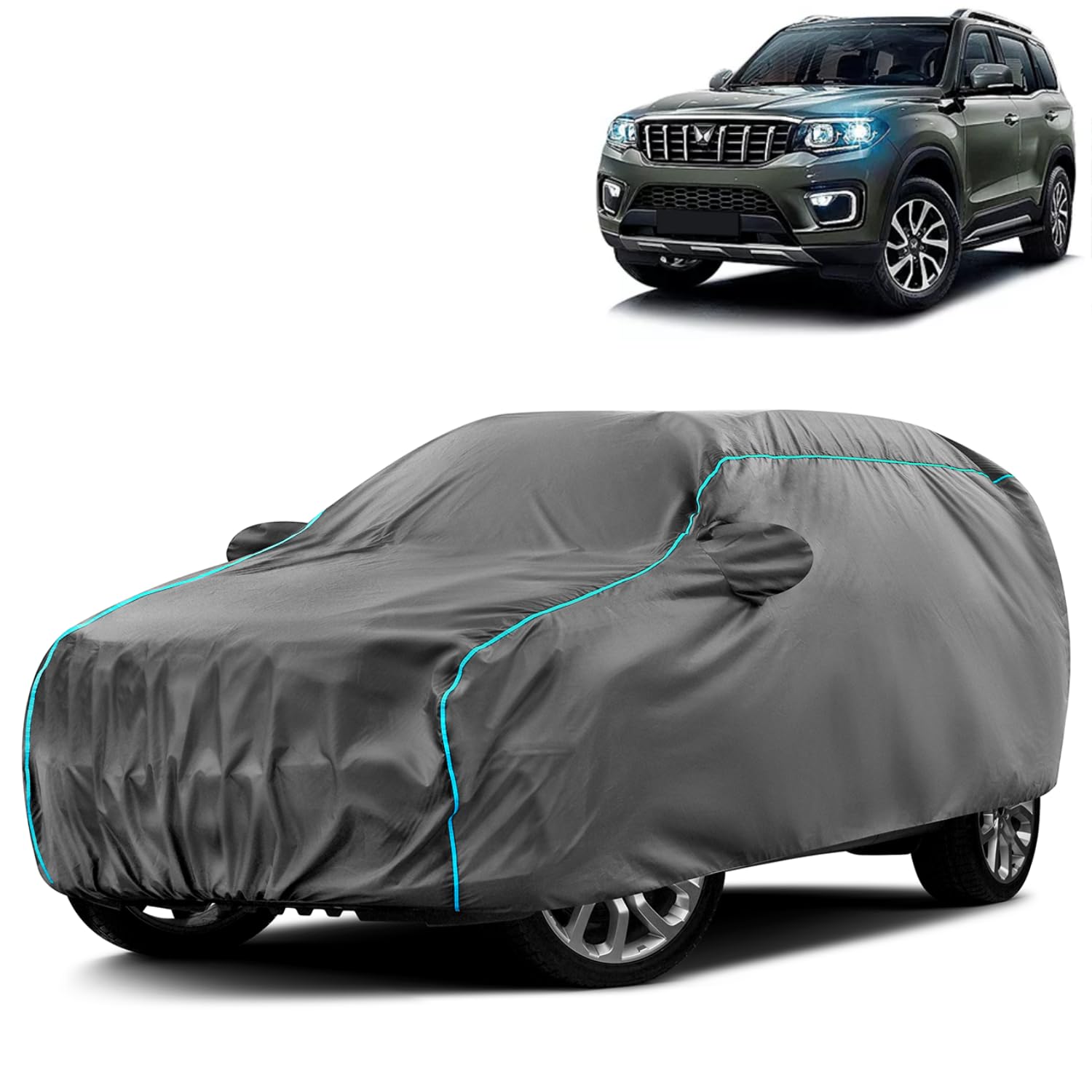 Water-Resistant Dustproof Car Cover for Mahindra Scorpio N - Mirror Pocket, UV Protection, Scratch Guard, Buckle Belt, Front & Back Bottom Elastic with Aqua Blue Piping - Grey-image-22
