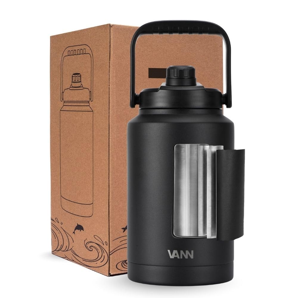 VANN Thermoflasche Groß 3,8L - Trinkflaschen Edelstahl [12h kalt, 8h warm] - Thermo Trinkflasche, ideal als Wasserflasche für den Innen- und Außenbereich - BPA-Frei - Schwarz