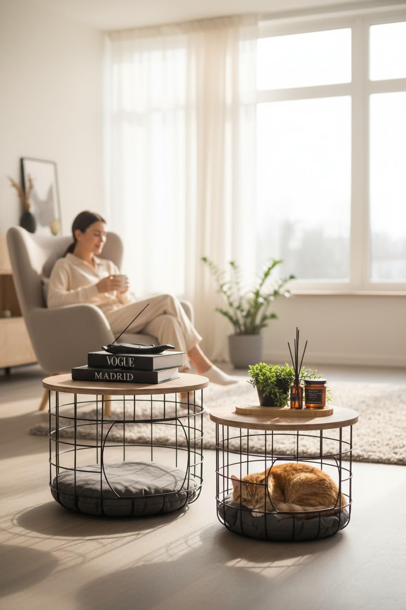 Beistelltisch 2er Set Katzennest mit Kissen, Couchtisch rund Metall Holz Industrial, Sofatisch mit Abnehmbarer Holzplatte, Katzenkorb Möbel 54 und 44 cm, Schwarz Eiche
