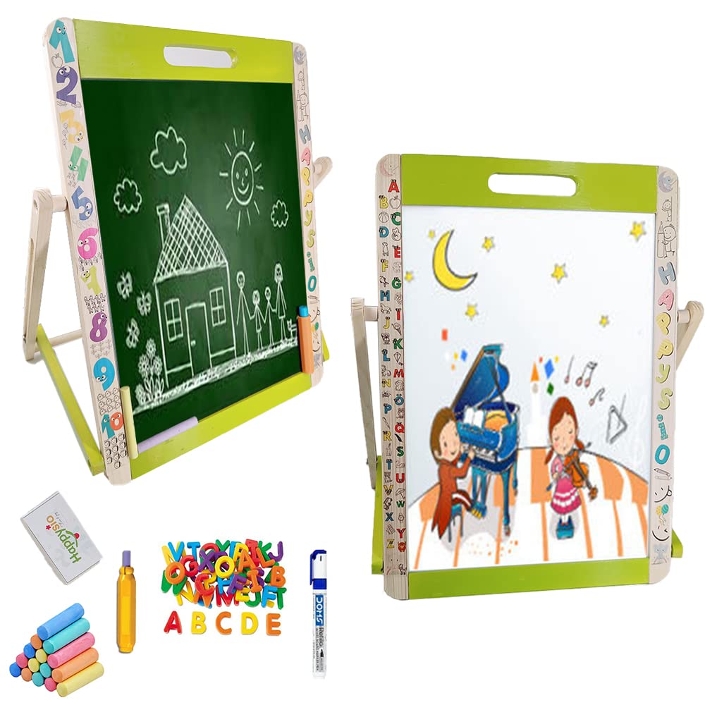 HappysioTable top Wooden Portable and Foldable Easel with Chalk Board, Magnetic White Board for Toddlers