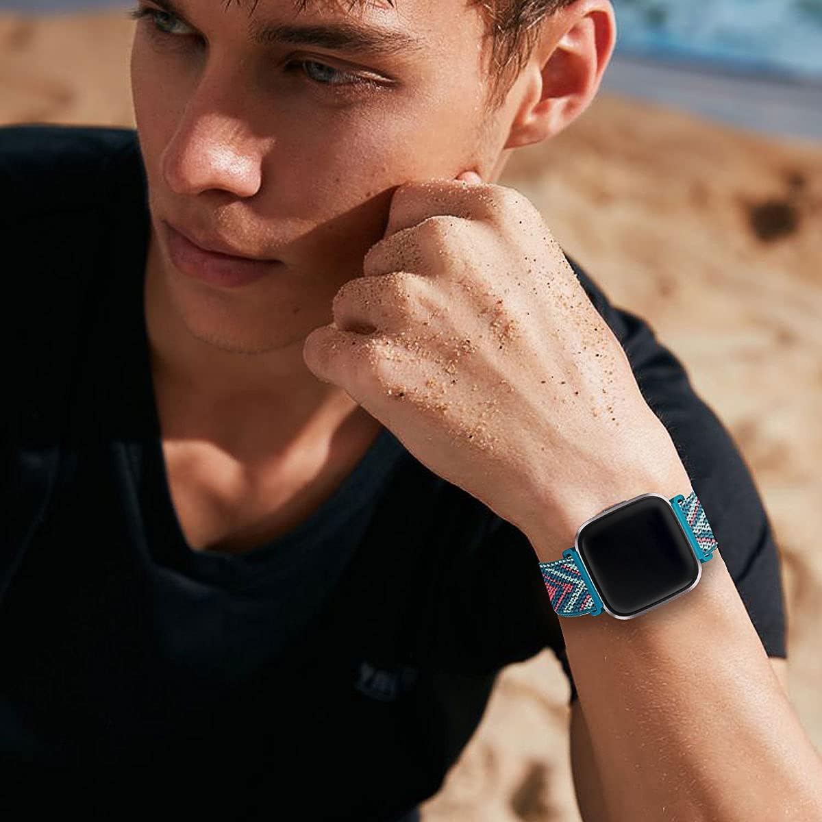 GBPOOT 3 Pack Elastic Watch Bands Compatible with Fitbit Versa/Versa 2/Versa Lite/Versa SE,Adjustable Nylon Stretchy Sport Wristband for Versa Smart Watch Women Men,Black/Green Arrow/Boho Rainbow : Cell Phones & Accessories