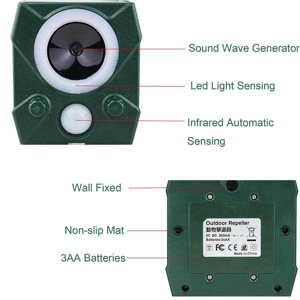 ERNZI 2 szt., Cat Ultrasonic Solar, Odstraszacz zwierząt Ultradźwiękowy Flash 5 Tryb regulowany z wbudowaną baterią litową, Wodoodporny środek odstraszający zwierzęta do ogrodu