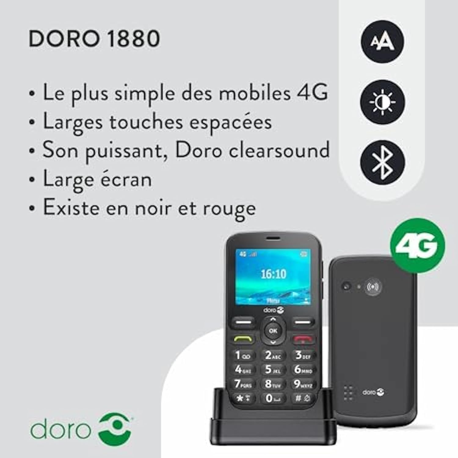 Doro - Téléphone 1880 - Téléphone Portable Senior 4G - Grand Écran Et Grandes Touches - Facile à Utiliser - Touche d'Assistance - Compatible Appareils Auditifs - Socle de Recharge Inclus - Rouge