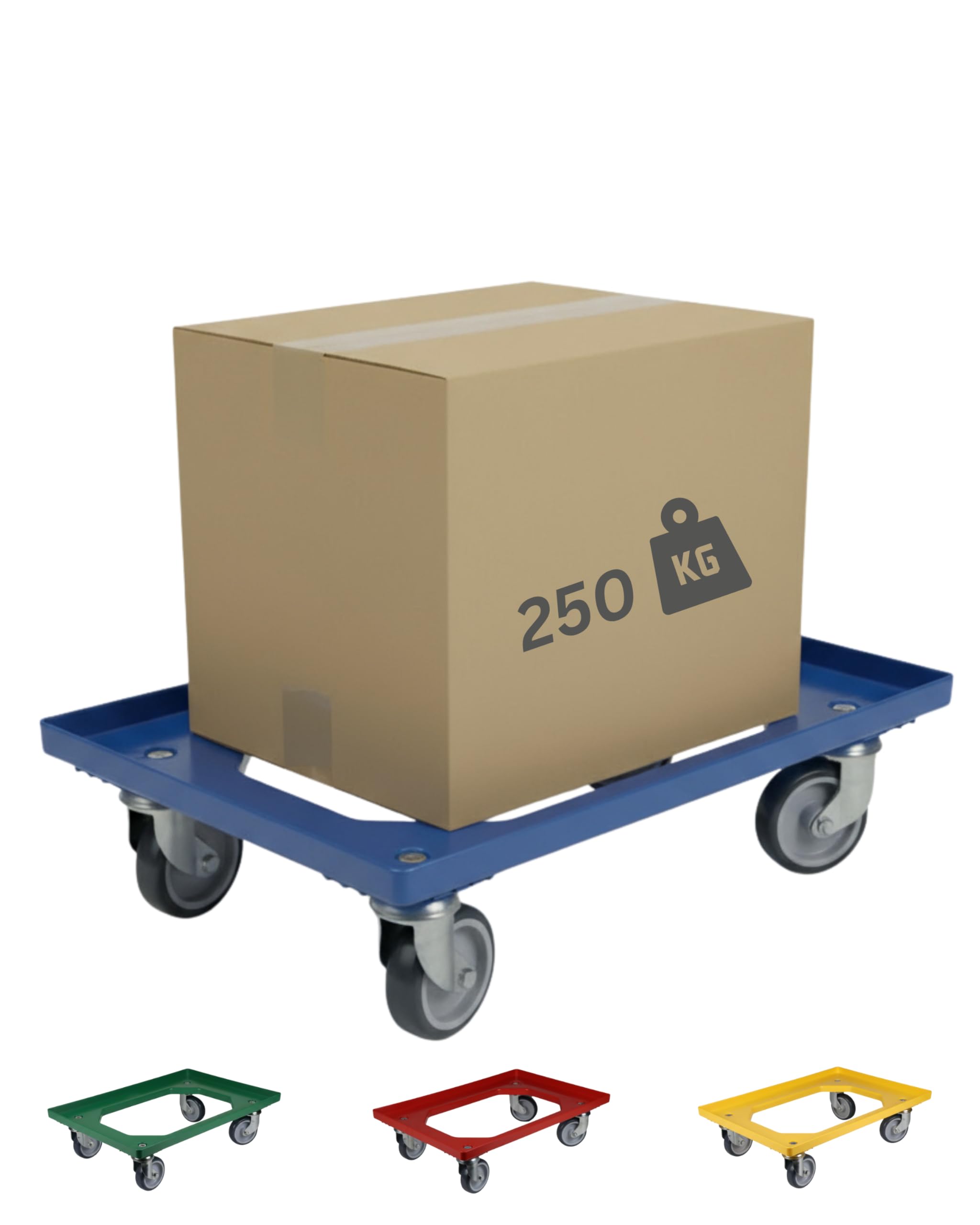 Transportroller Kunststoff 60x40 cm Blau – 4 Leichtlauf-Lenkrollen Ø100 mm, Traglast 250 kg – wendige, stabile Transporthilfe für Kisten & Euroboxen