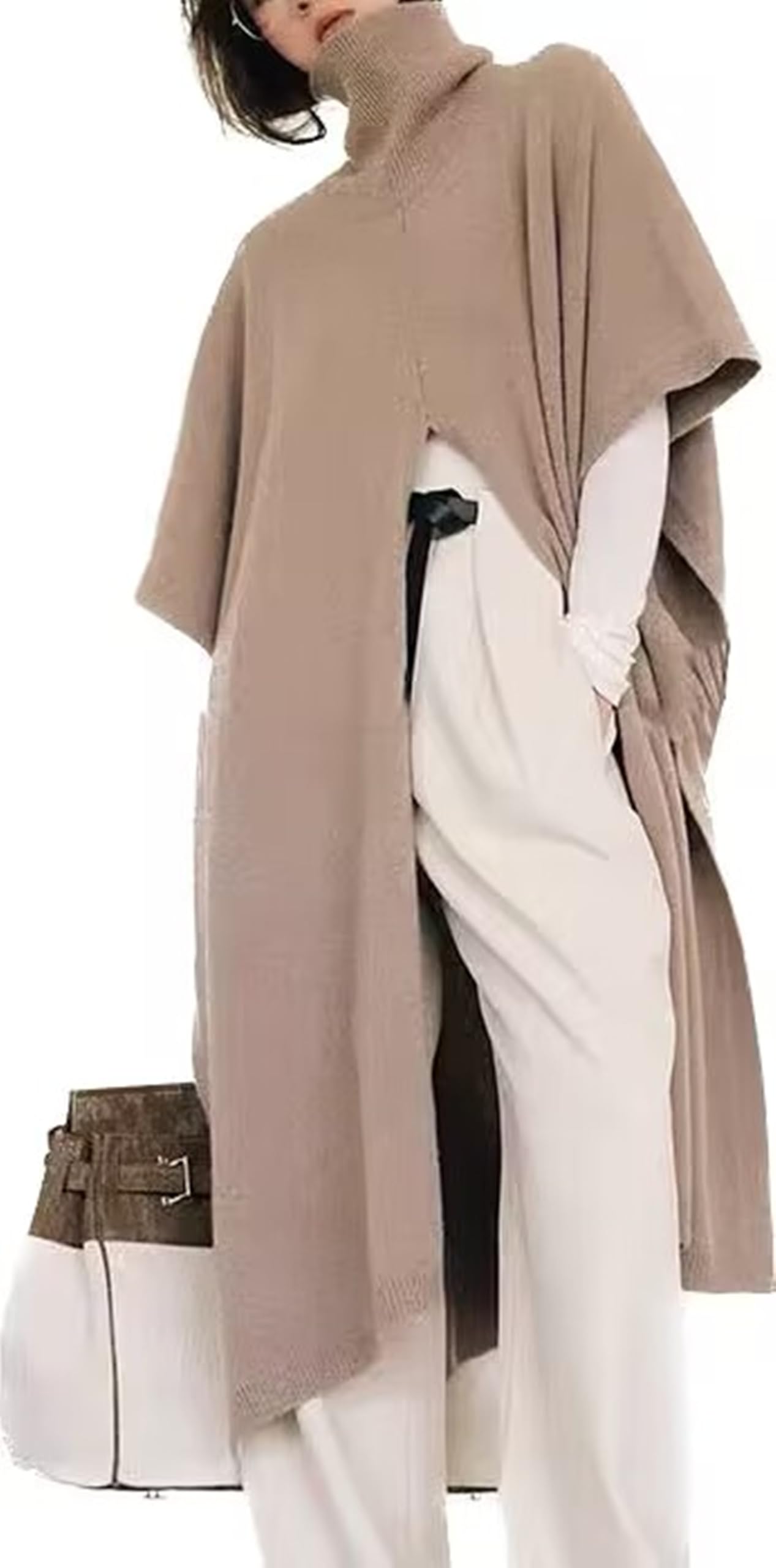 FarDas Womens Knitted Cashmere Wool Shawl Solid Color Long Cloak High Neck Cape Sweater Fashion Warm Poncho