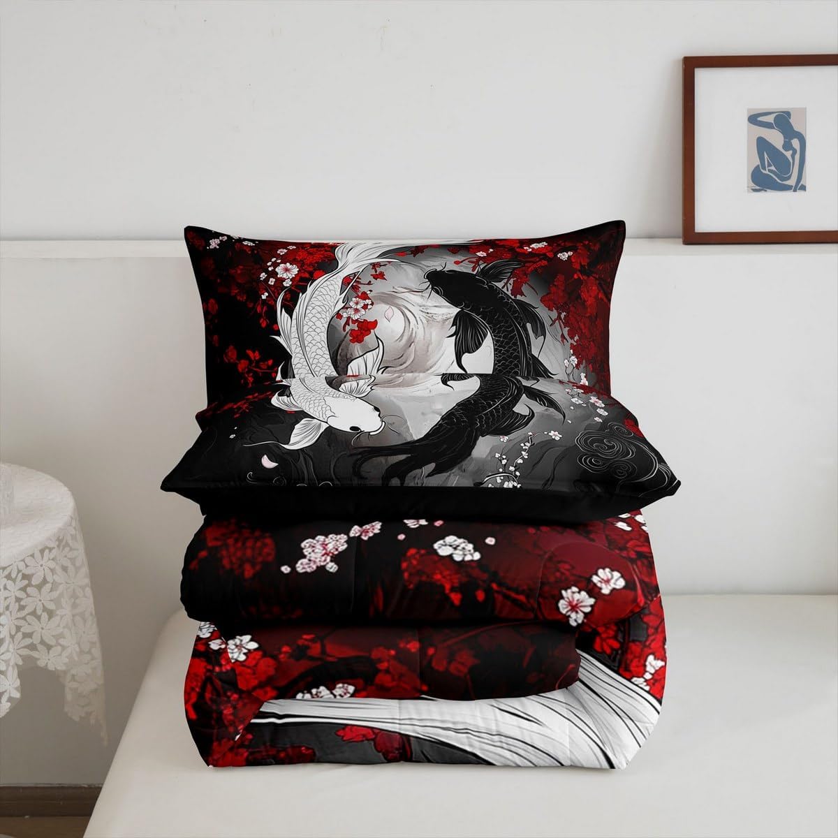 Manfei Koi Fish King Size Comforter Sets for Kids Adults,Cherry Blossoms Bedding Sets Youth Men Teens Child Bedroom Decor,Yin Yang 3 Pieces Quilt Set,Japanese Ukiyo Style Duvet Insert,Soft Fluffy
