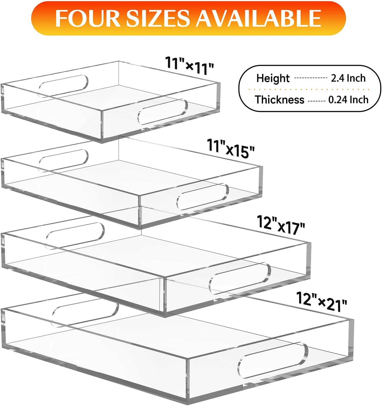 Large Acrylic Tray Serving Platter with Handles12x21x2.4Inch-Crystal Food Serving Trays for Party-Deep Comercial Display Tray for Buffet Parties, Weddings