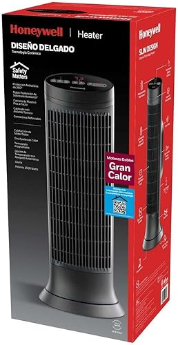 Miniatura 8 de Honeywell Calentador de torre digital de cerámica, 1500 vatios, negro, calentador de cerámica oscilante, calentador de espacio con dos ajustes de