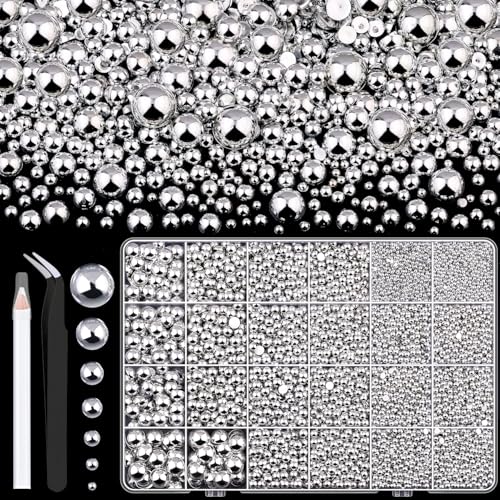 Image of 13000Pcs Flatback Pearls for Crafting (Silver), Assorted Size 2 /3 /4 /5 /6 /8 /10mm Non Hotfix Half Pearl, Bedazzling Bead for DIY Crafts Clothing Tumblers Mugs Shoes Fabric Embellishment Nail Art Makeup