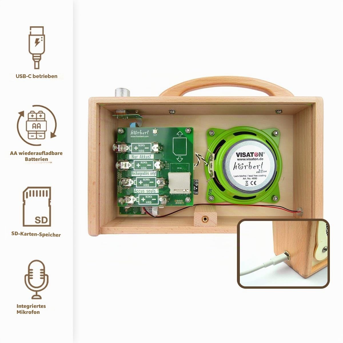 hörbert 3.0 für Kinder + deutsche Inhalte. Mit 9 Playlists, SD-Card, Mikrofon und USB-C Ladeanschluss: Internet-Radio, Podcast-Player, MP3-Player und Bluetooth Lautsprecher