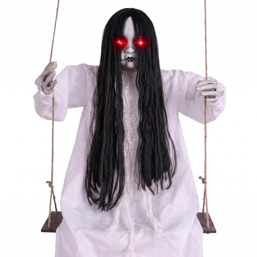 Striegro Halloween Animatronic, Creepy Doll Scary Halloween Outdoor Decorations, White Swinging Ghost