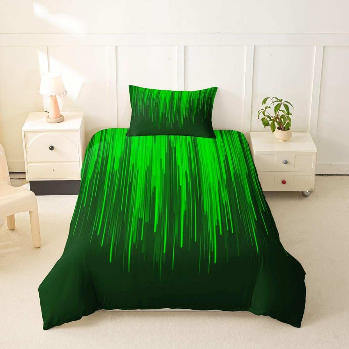 Feelyou Green Duvet Cover Toddler Size Geometric Ombre Abstract Bedding Set Breathable Soft Modern Stripes Art Comforter Cover 2Pcs Luxury Bedroom Decor