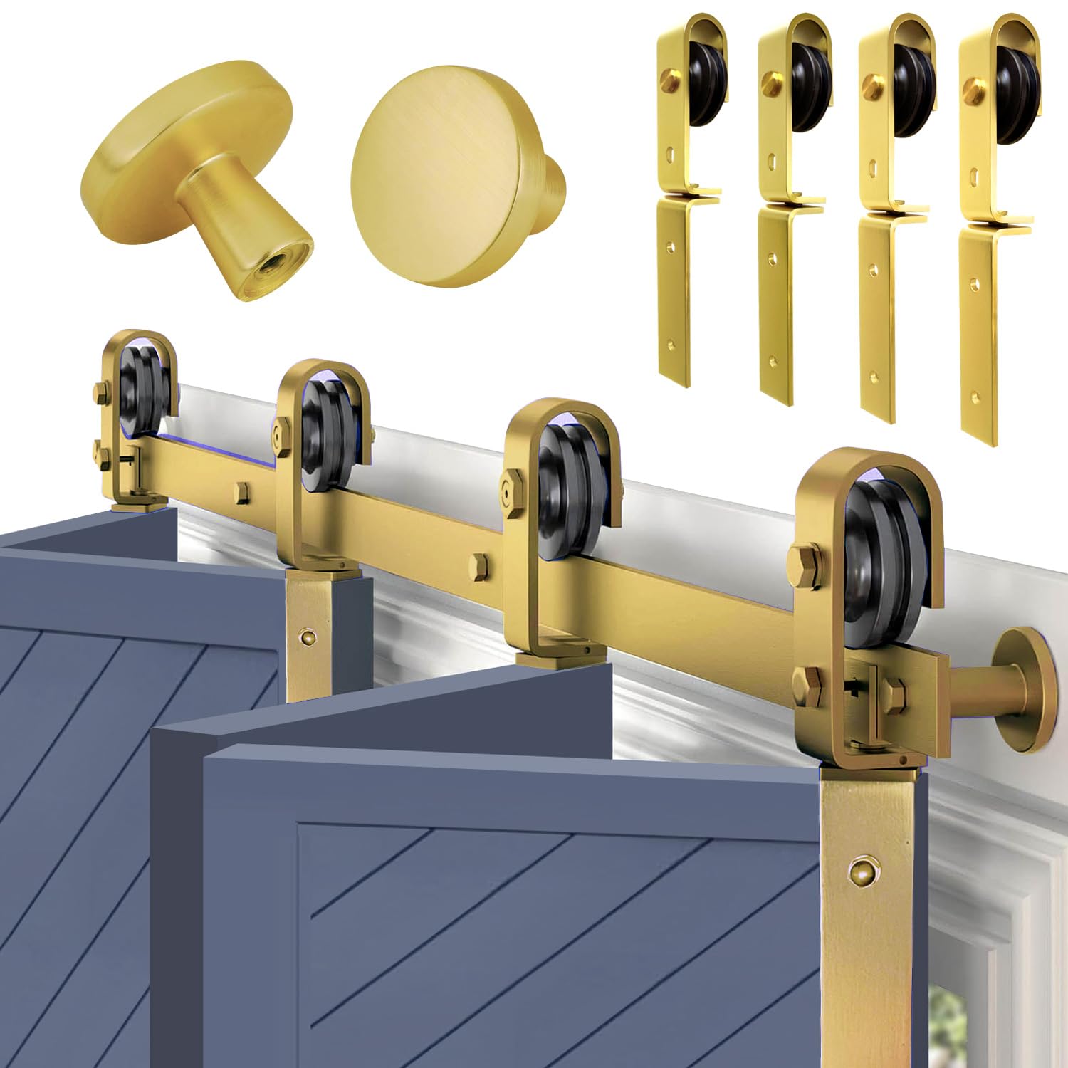 Rio SaltoGold Bifold Sliding Barn Door Hardware Kit Heavy Duty Metal Track System with Matching Knobs Gold Bi-Fold Barn Door Bifold Closet Doors, Bi-Folding 76" Track for 4 Doors, 4 Rollers, No Door