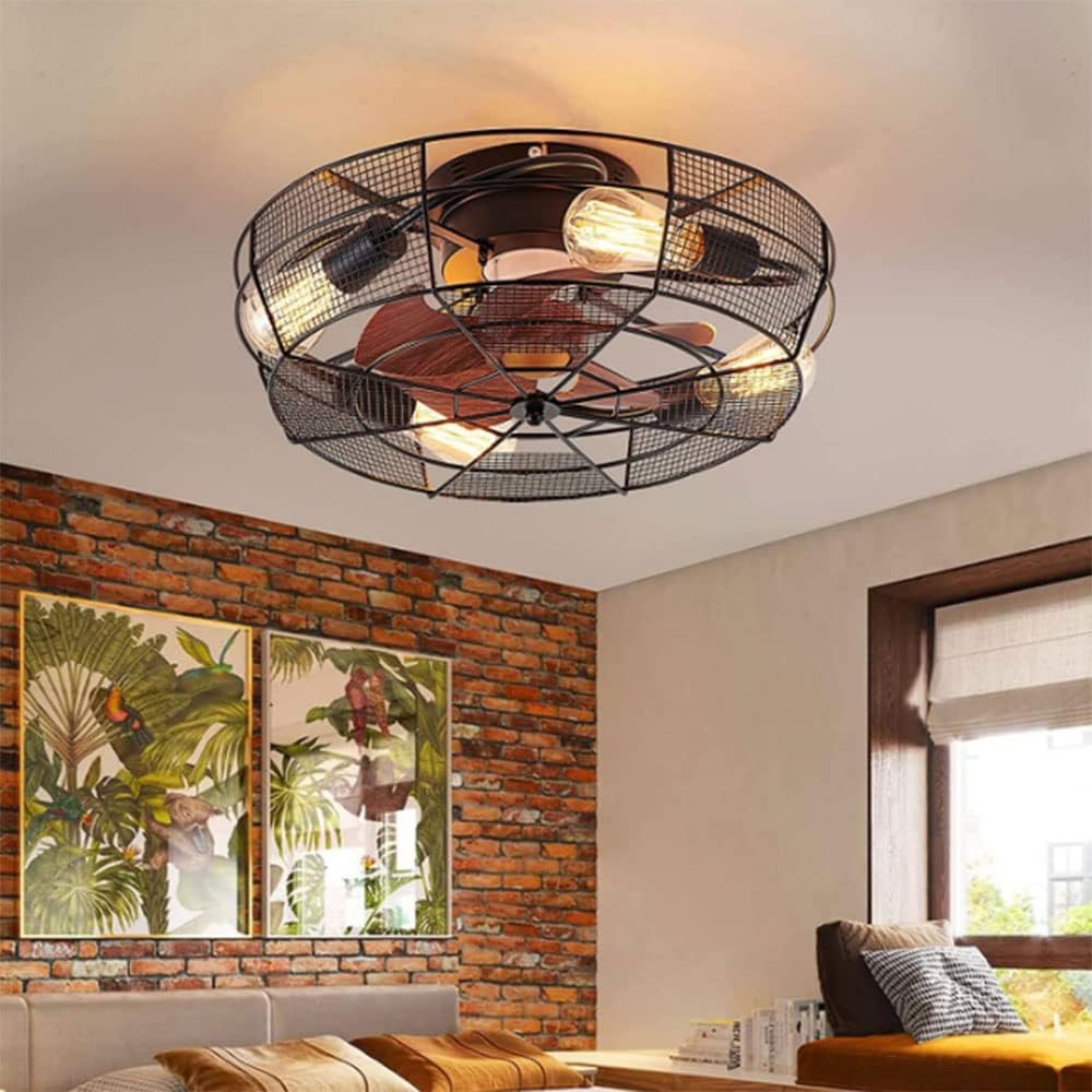 Chandeliers, Ceiling Fan with Lights and Remote Control, 4-Light Low Profile Ceiling Fan with Black Metal Cage, Chandelier Fan for Bedroom, Living Room, 6-Level Wind Speed Fan Fandelier, Black. Inter