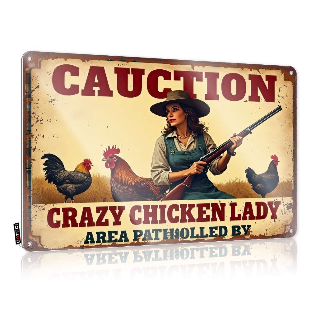 Mens Room Sign Caution: Crazy Chicken Lady Patrolling Area With Gun Tin Sign Metal Tin Sign Retro Warning Tin Sign(20X30CM)