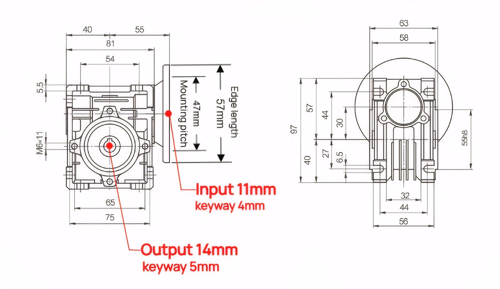 GTPBAO NMRV030 Schneckengetriebe-Drehzahlminderer, 11 mm Eingangswelle, 14 mm Ausgangsbohrung for NEMA 23-Schrittmotor Reduzierwelle(Ratio 7.5 to 1)