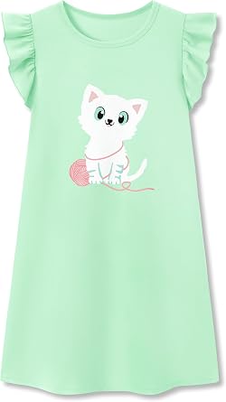 Beezizac Girls Nightgown Flutter Sleeves Cute Print Pajamas Size 6-16