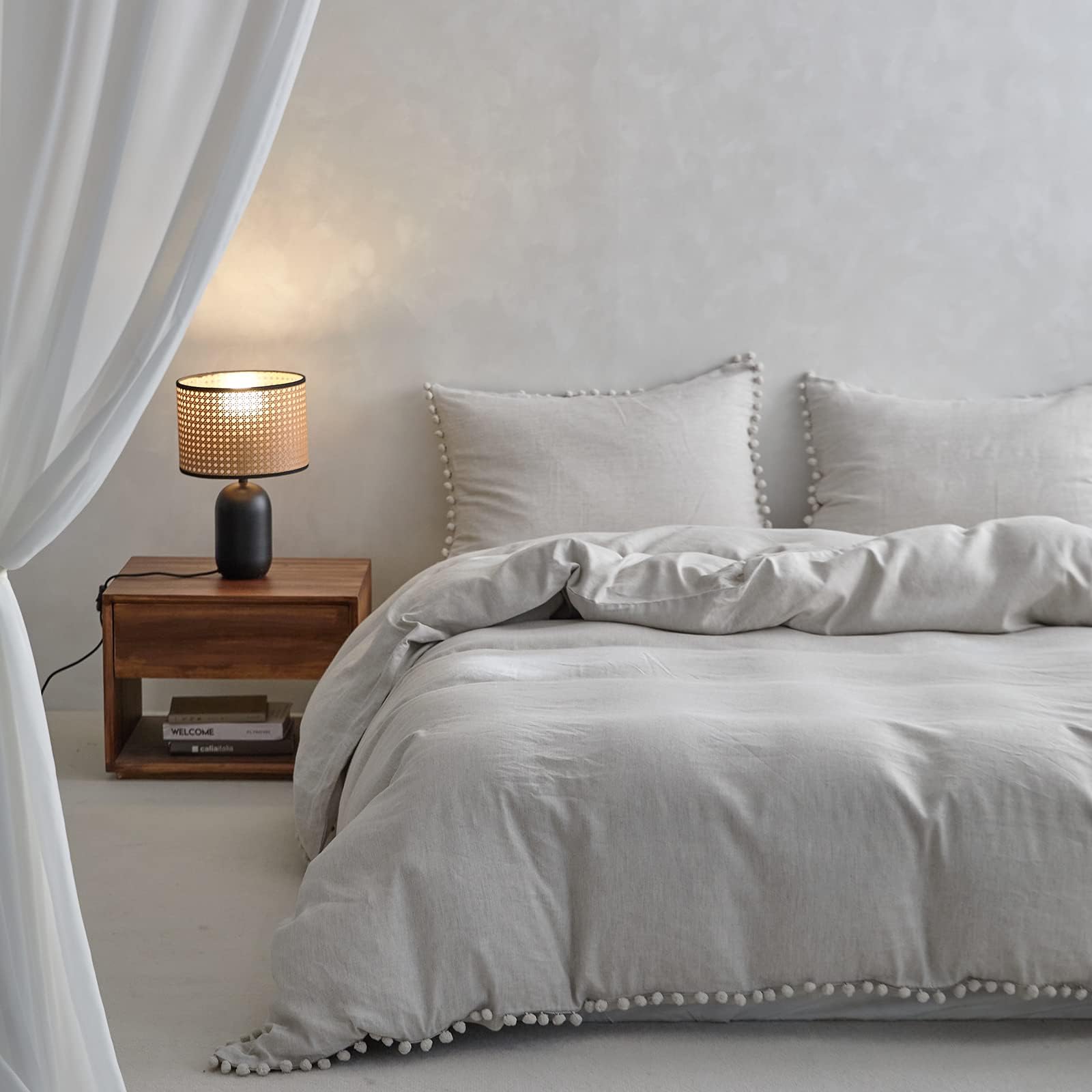 Simple&Opulence French Linen Blended Duvet Cover King, Flax Viscose Derived from Bamboo Bedding Set with Pom Pom Trim Soft Cooling for Hot Sleepers, 1