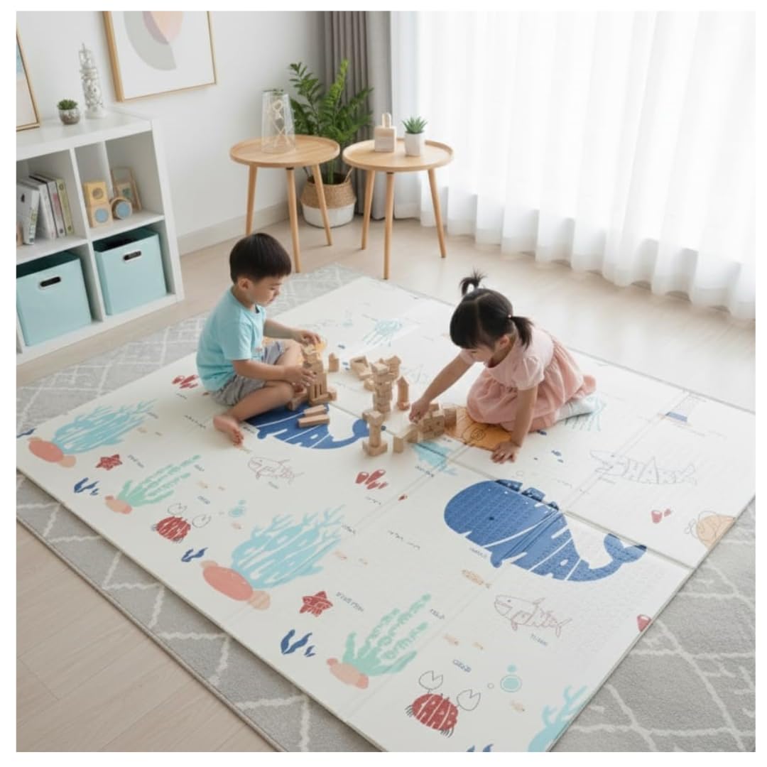 DAN&GO Extra Large Baby Play Mat, Foldable, Double-Sided, Beige, Non-Toxic XPE Material, Portable Activity Floor Mat for Babies 0-12 Months & Kids, Educational Design (Ocean, 71 * 79 * 0.4)