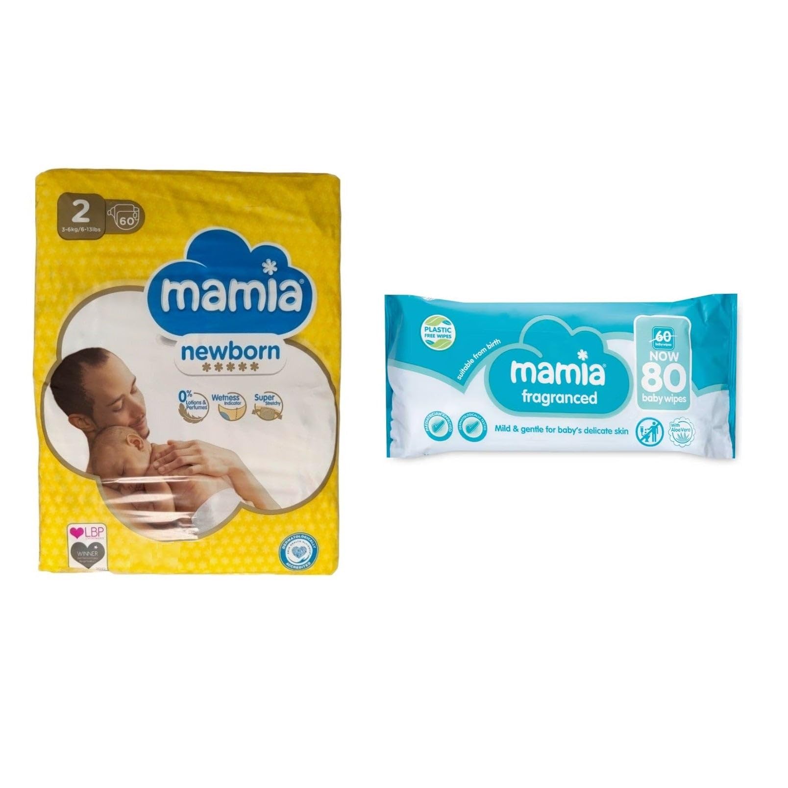 Mamia Size 2 Newborn Nappies 60 Pack + 80 Fragranced Baby Wipes