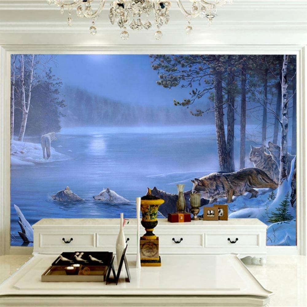 Papel Pintado Mural 3D Animal Lobo Cruzando El Rio Papel Pintado Mural 3D Papel Pintado De Pared Carteles De Pared Pegatina De Pared Borde Autoadhesivo Ladrillo Baño Dormitorio Pared Extraíble Foto 2