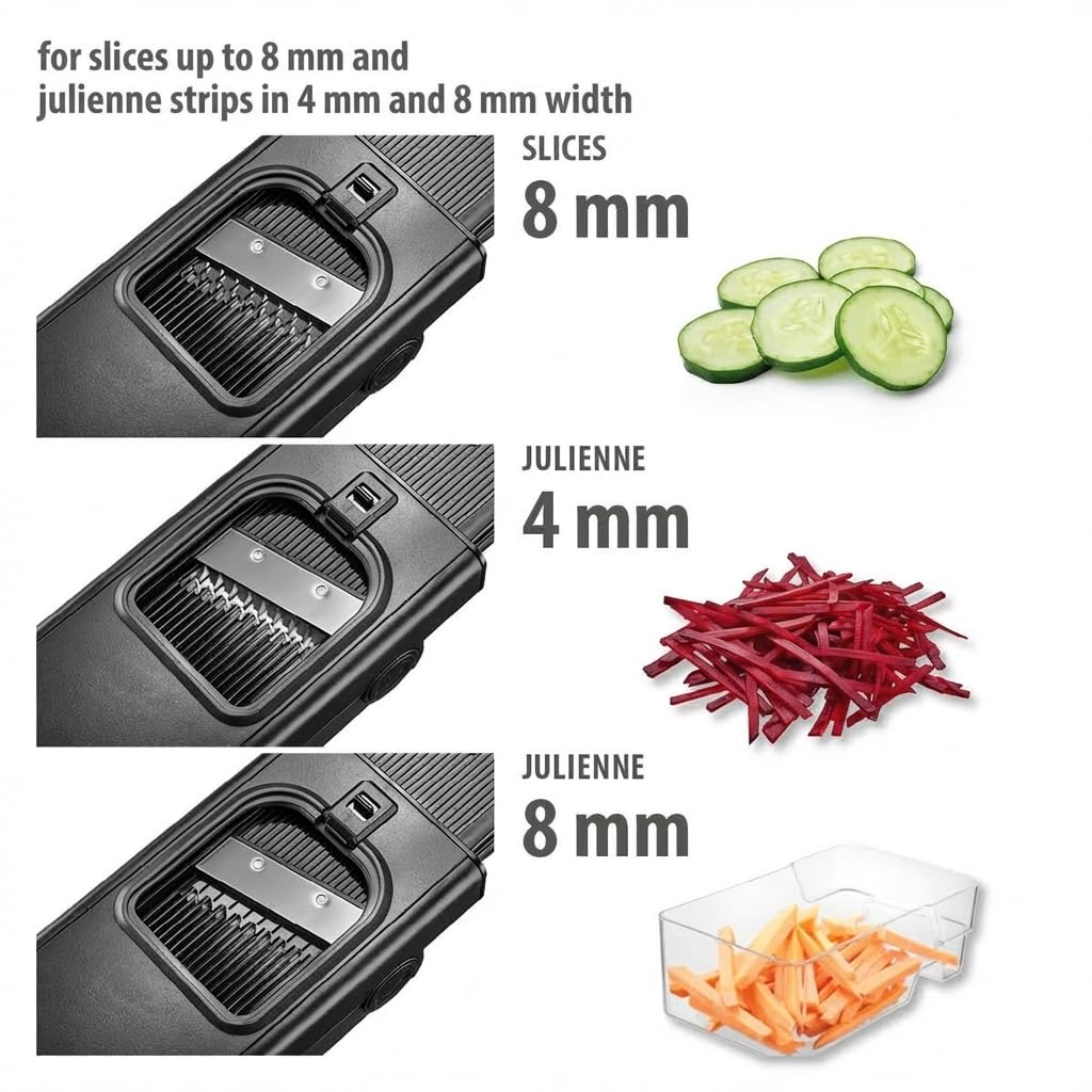 GEFU Affettatrice per patate dolci e verdure per fette e strisce di julienne, con contenitore, regolazione della lama, antiscivolo, in acciaio inox