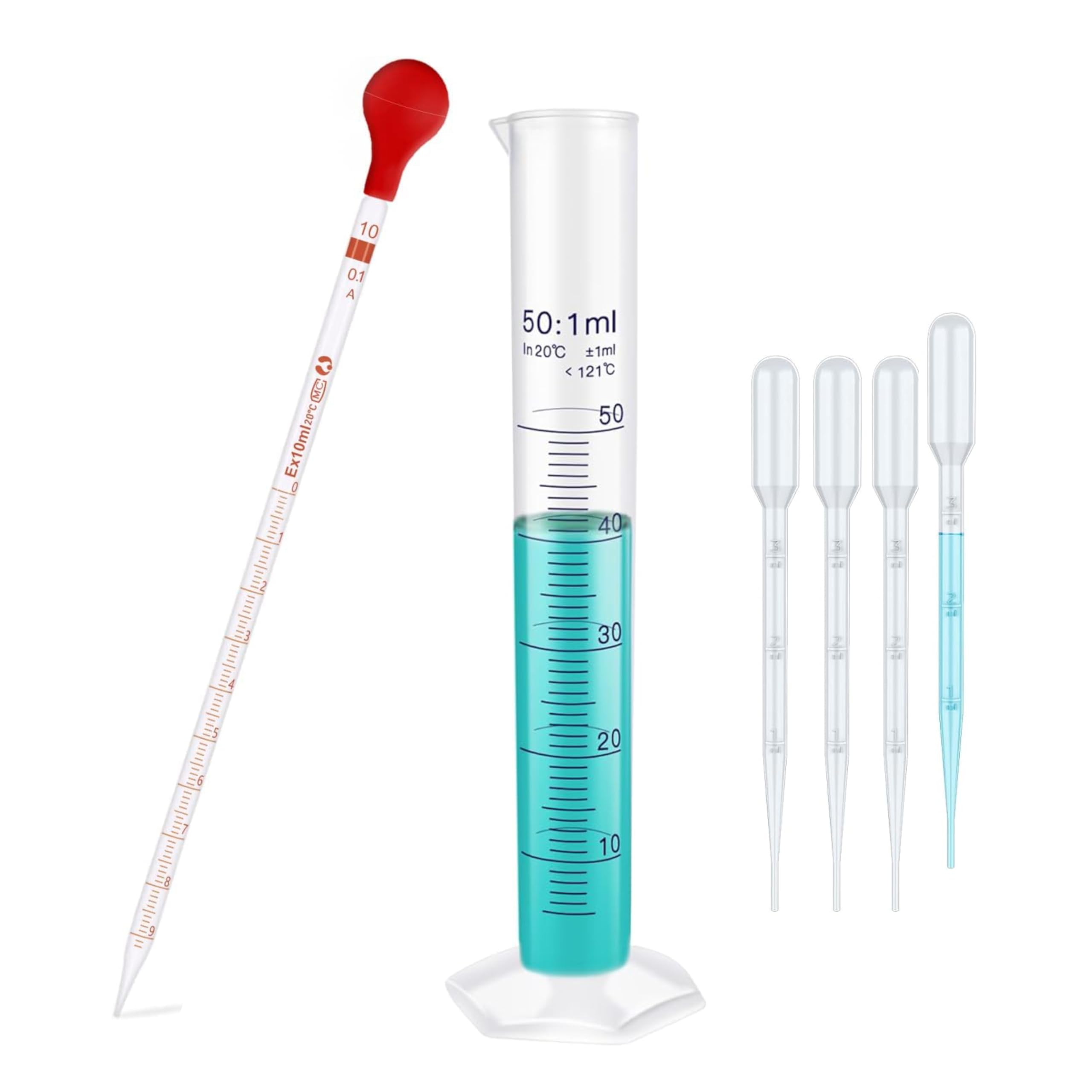 Labxport 10ml Glass Graduated Pipette Droppers (13inch) with 3 ml Plastic Droppers (4pcs.) & 50ml Measuring Cylinder for Liquid Transfe Mixing & Lab Laboratory Perfume Candle soap Making Experiments-image-39