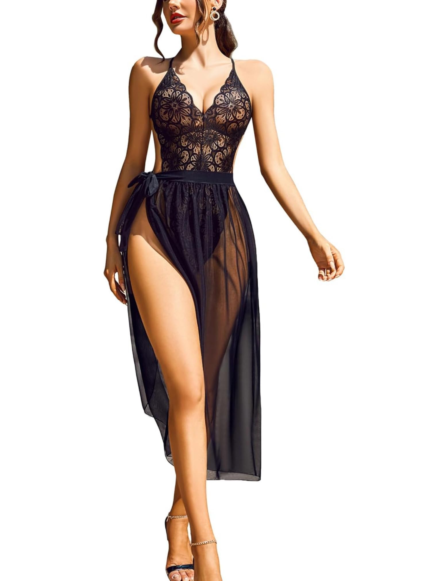 Women’s Deep V Lace Teddy One Piece Lingerie Bodysuit | Floral Lace Babydoll Mini Nightwear with Halter Straps & Hook Closure | Sexy Night Dress for Honeymoon, Valentine, Bridal First Night-image-47
