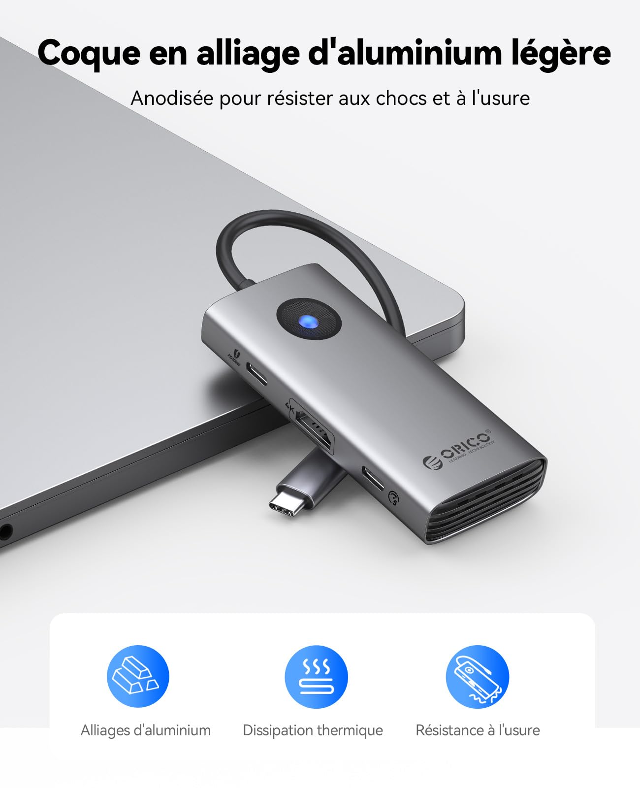 ORICO Station d'accueil, 6 en 1 Hub USB C avec HDMI 4K@30Hz, PD 100 W, 4 Ports USB 5Gbps, Adaptateur USB C vers USB 3.0 Compatible avec MacBook Pro Air XPS HP