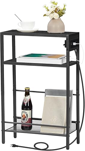 Miniatura 9 de HOOBRO Mesa auxiliar pequeña y estrecha con estación de carga, mesa auxiliar delgada para espacios pequeños, mesita de noche delgada con salida de