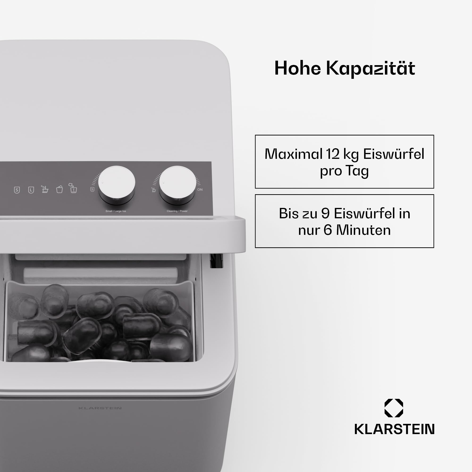 Klarstein IceCraft Eiswürfelmaschine – 12 kg/24 h, Eiswürfel in 6 Minuten, 2 Größen, Automatische Reinigung, Eiswürfelbereiter für Küche & Bar, 150 W, Eiswürfelspender, Weiß - 2