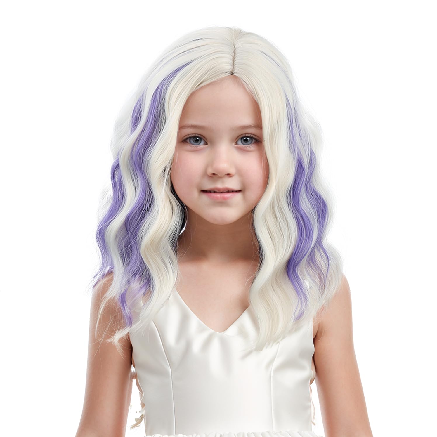 Perruque blonde ombrée violette blonde à violette avec raie sur le côté, perruques synthétiques ondulées et bouclées résistantes à la chaleur avec bonnet (taille S)