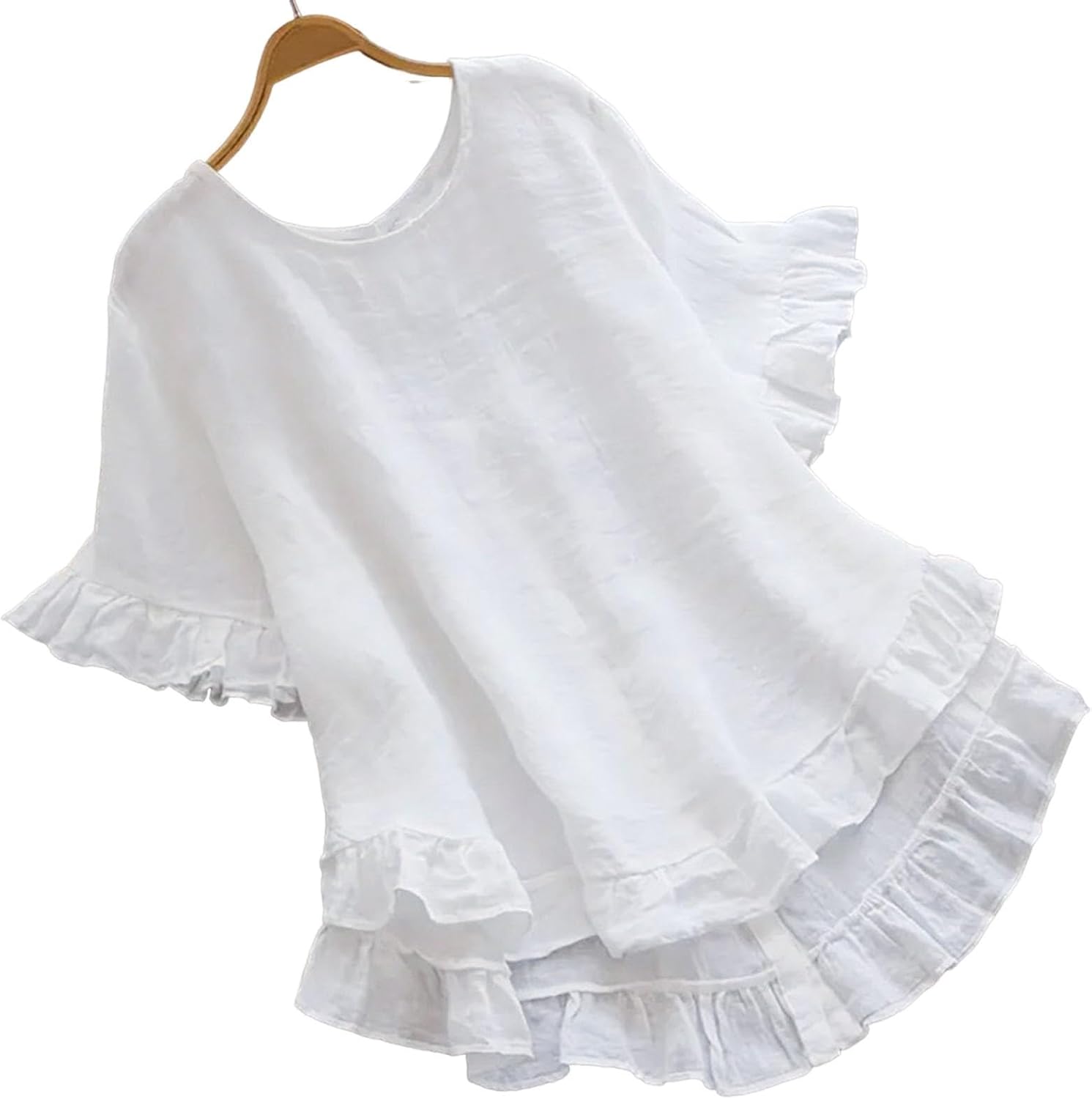 2024 Summer time Tops for Girls Spherical Neck Ruffled Quick Sleeves Curved Hem Blouses Shirt Unfastened Match Seaside Trip Prime