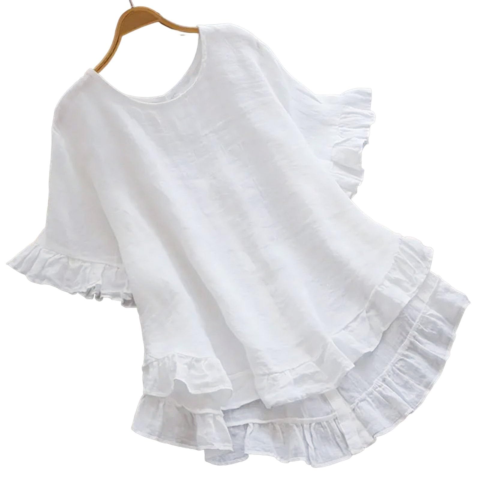 HAOLEI Lino Camiseta Mujer,Algodón y Lino Camisetas Manga Corta Mujer con Volantes de Cuello en Redondo Moda Color Solido Camisa Lino Mujer en Distintos Colores Informal Lino Camisetas Mujer Verano