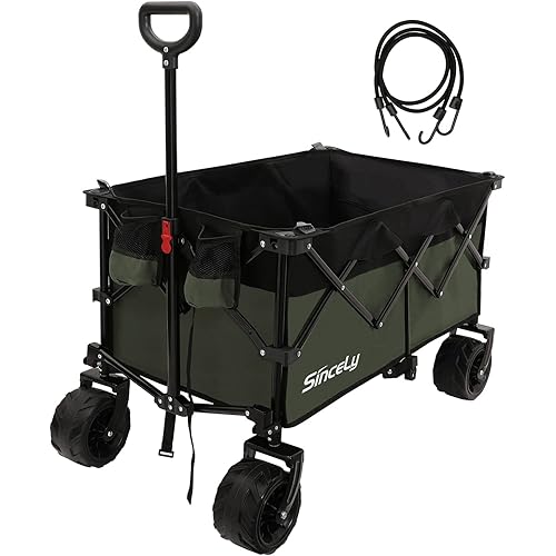 Sincely Heavy Duty Folding Utility Wagon Outdoor Garden Camping Wagon Portable Beach Cart Large Capacity with Cover Bag&2 Bungee Cords …
