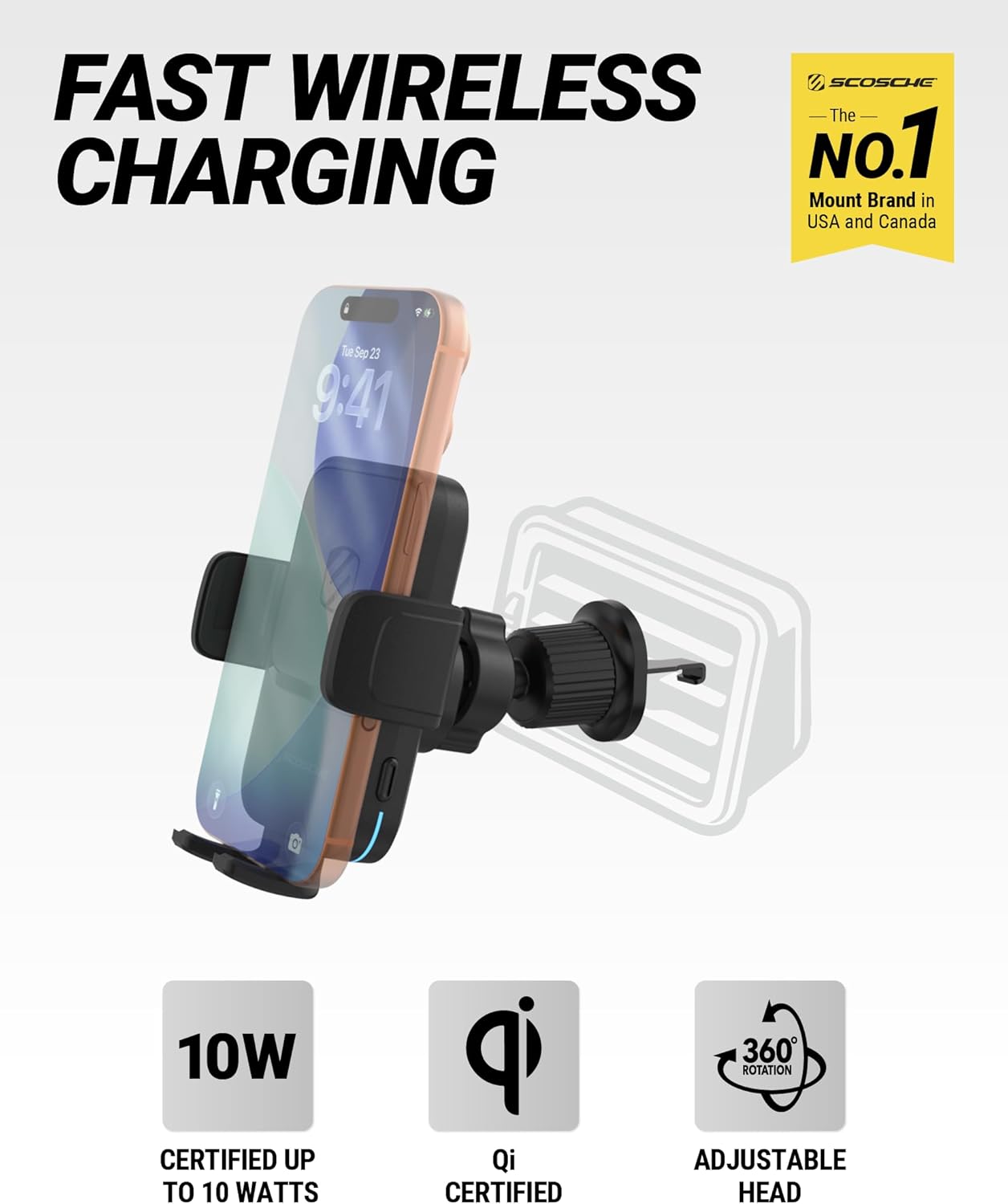 Scosche Wireless Car Charger, Auto Clamping Car Vent Phone Mount, Cell Phone Holder Charger with Twist-to-Secure Hook, 360° Rotation, Compatible with iPhone, Samsung, Qi-Enabled Android Phones