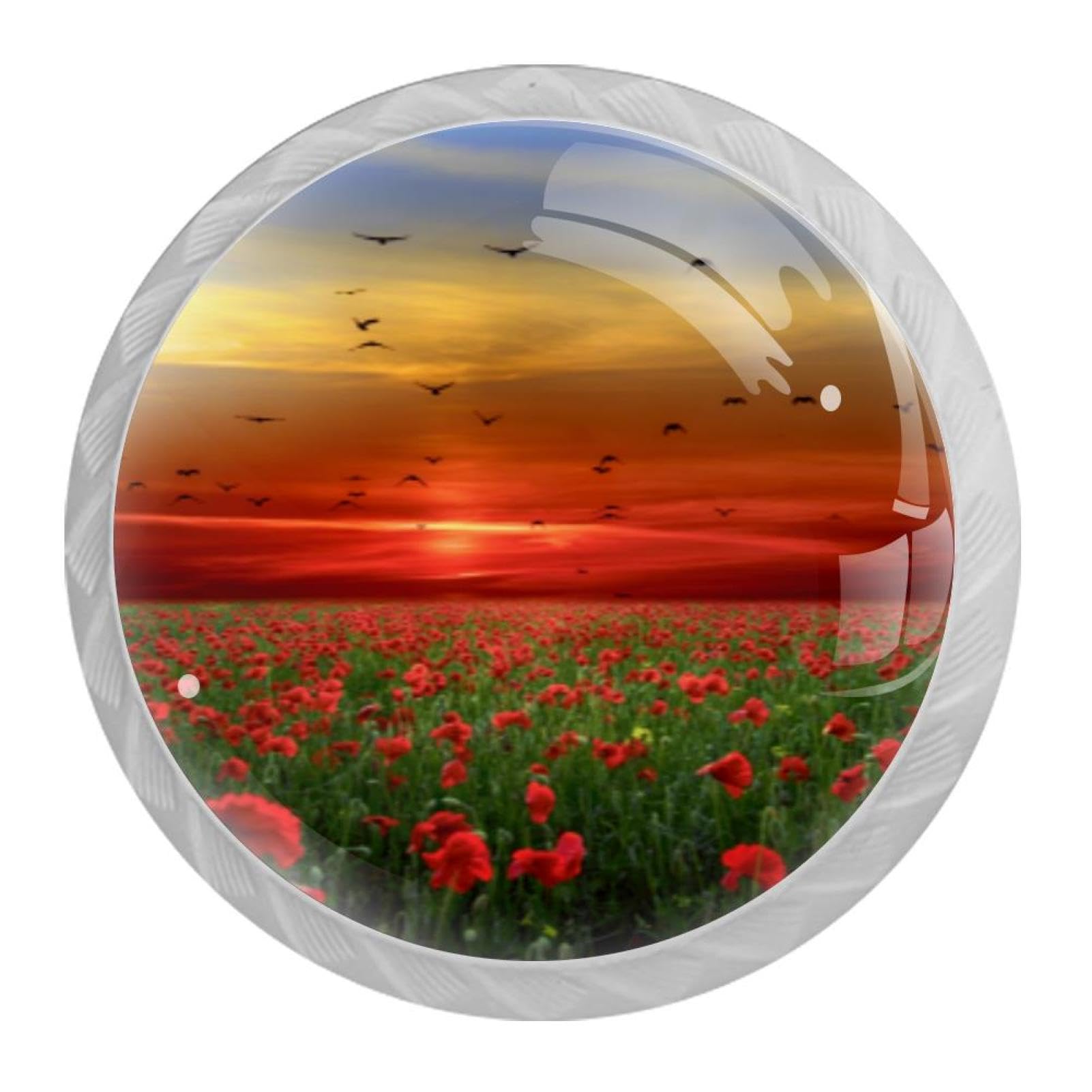 Tqmspg Multi10 4 Pieces Drawer Pulls Poppy Flowers Field Sunset Landscape Door Knobs Dresser Handles For Kitchen Wardrobe Cupboard Hardware Furniture
