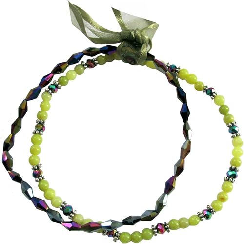Bright Lime Green & Purple Iridescent Gemstone Bead 9" Stretch Anklets 2 Piece Set (PA116)