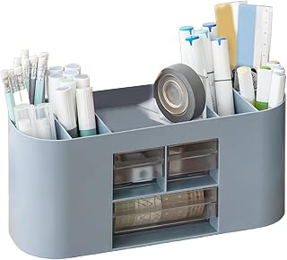 NVOQILIN Soporte multifuncional para bolígrafos con 3 cajones de almacenamiento, organizador de escritorio de oficina, organizador de cosméticos de gran capacidad para oficina