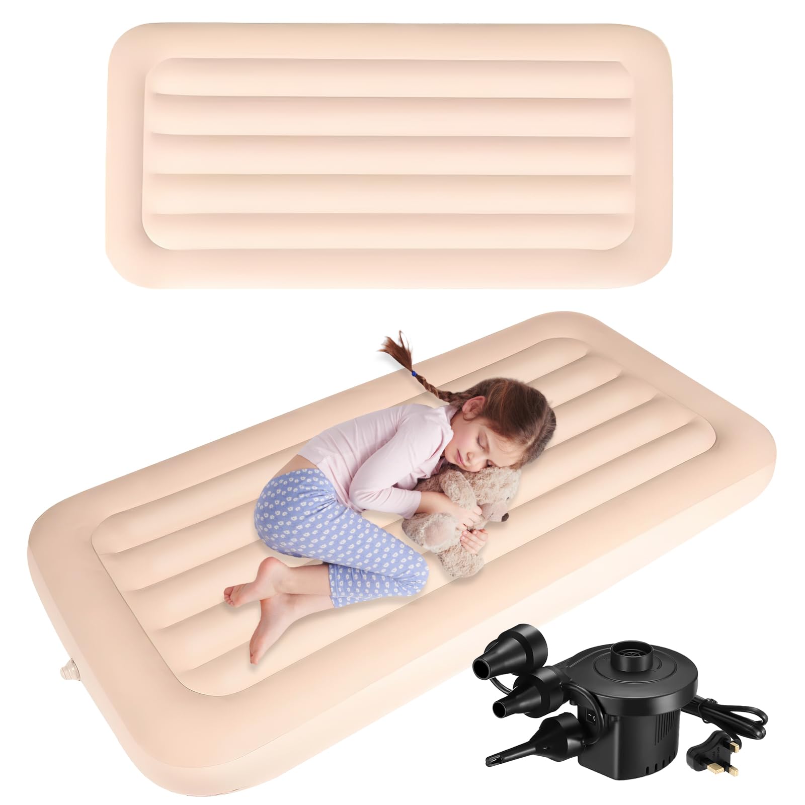 YFNVH 2 Pack Kids Inflatable Air Bed with Electric Pump, Toddler Blow Up Mattress with Flocked Top, 140 x 70 x 20 cm Portable Single Airbed for Children Sleepovers, Camping, Travel & Guest Bed, Beige