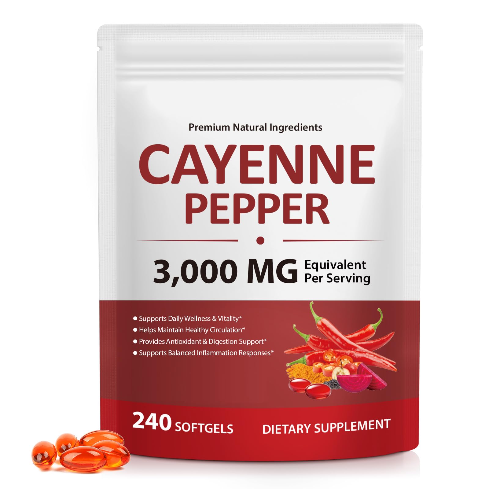 Cayenne Pepper Softgels Supplement, Cayenne Pepper Softgels with Vitamin D3 K2 & E, Grape Seed Extracts, Supports Healthy Blood Circulation, Circulatory Function, Antioxidant Support - 240 Softgels