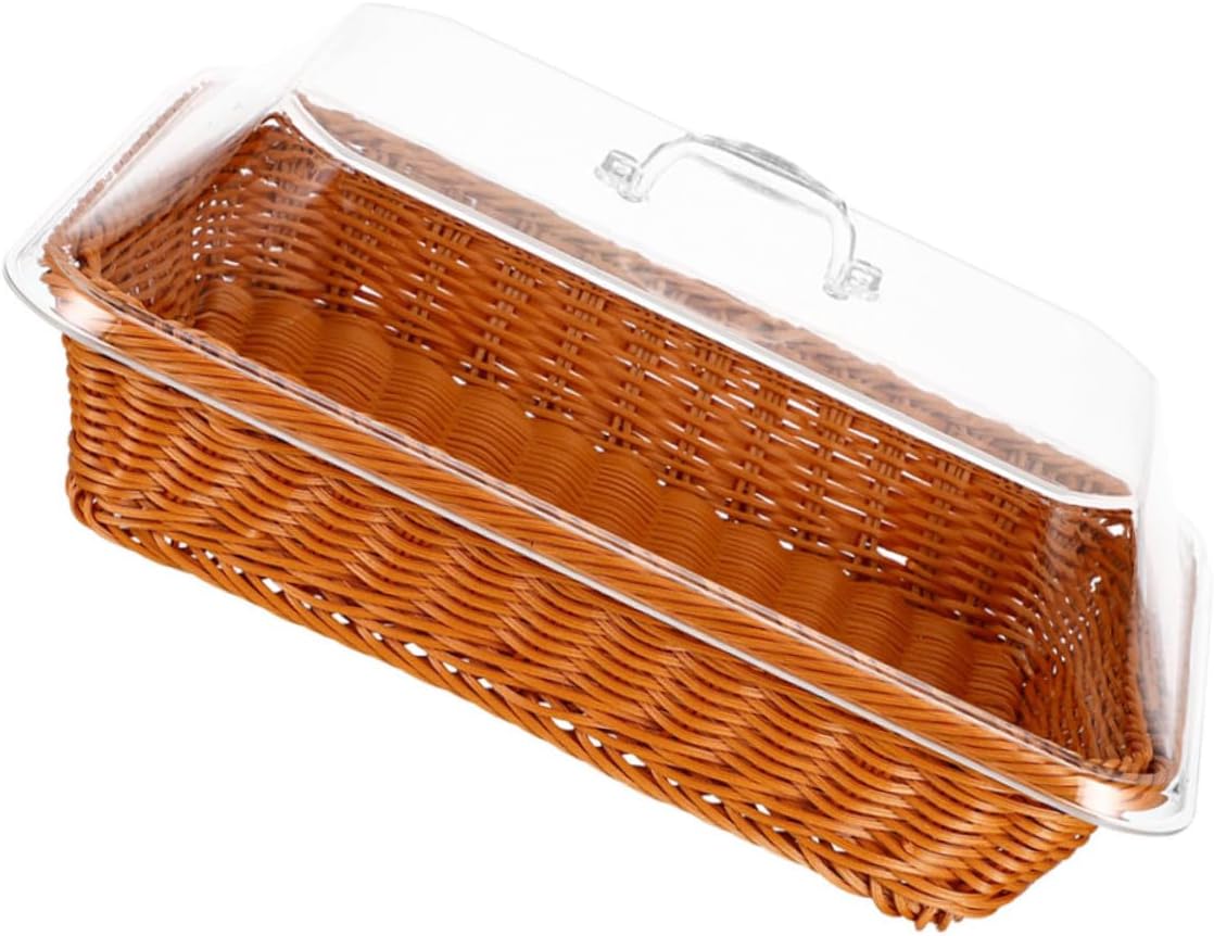 Handwoven Rattan Bread Basket with Lid, Rectangle Woven Fruit and Snack Storage Basket 40x30x15cm, Multipurpose Kitchen and Outdoor Picnic Organizer in Tea Color