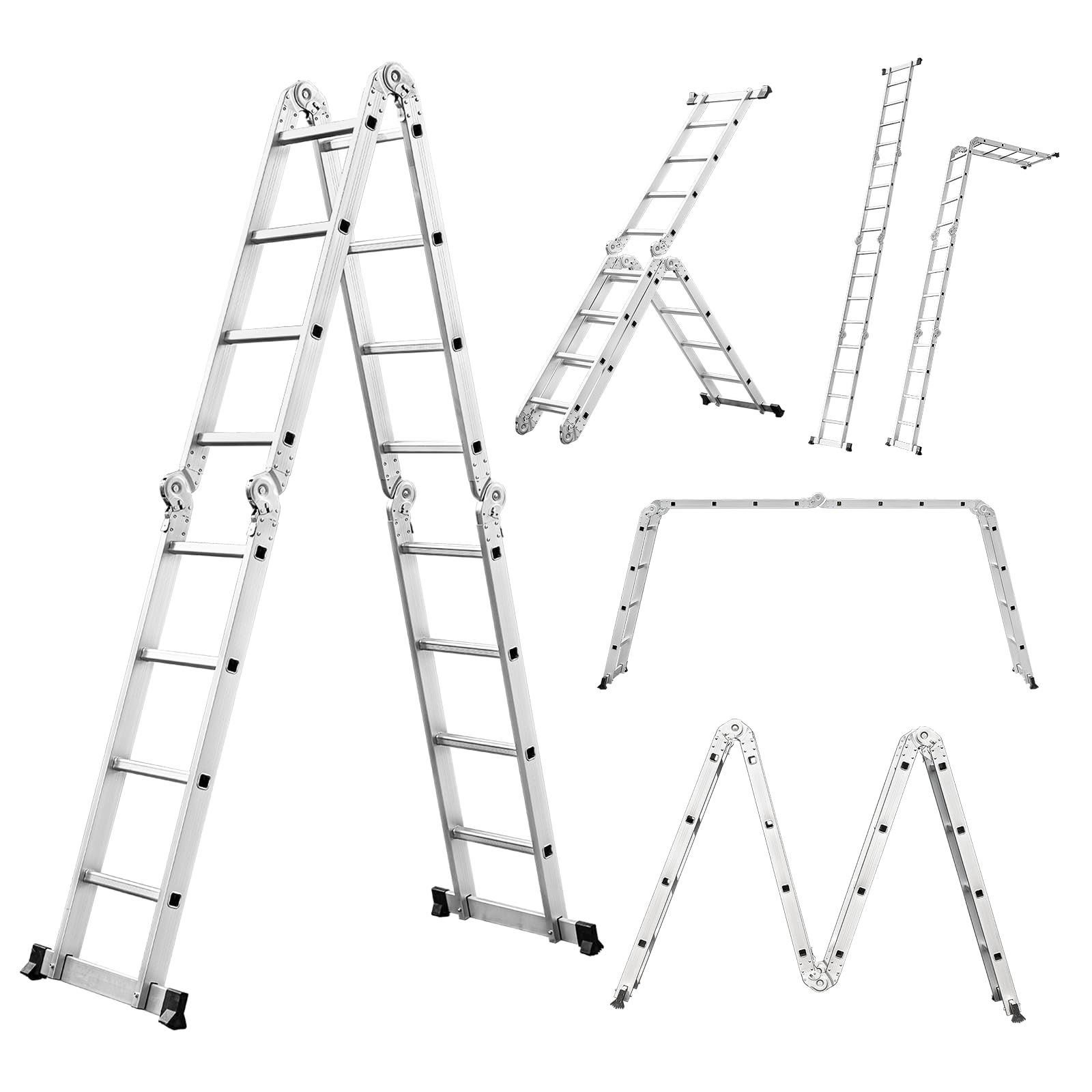 Miscoos 6-in-1 Mehrzweckleiter, 4.7M Klappbare Aluminium Leiter, 4 x 4 Gelenkleiter mit 16 Stufen, Anti-Rutsch, Stabil und Robust, bis 150 kg belastbar