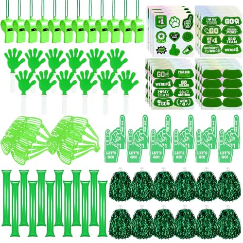 Letsroar 204 Pcs Team Spirit Accessories Green School Spirit Items - Cheerleading Pom Poms Whistles Thunder Sticks Hand Clappers for Tailgates Football Baseball Sports Events