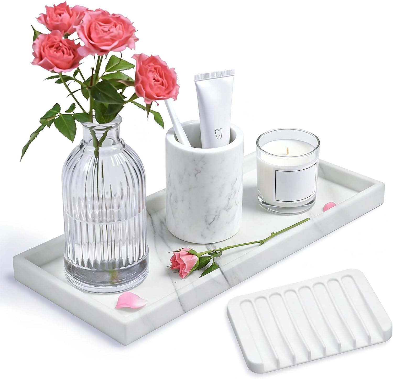 Bloss Bathroom Vanity Tray with Soap Dish Holder - 11.8" Silicone Counter Trays for Soap Dispenser, Perfume, Jewelry, Candle, Makeup, Decor, Toilet Tank Tray, Kitchen Tray for Spice, Salt, Coffee